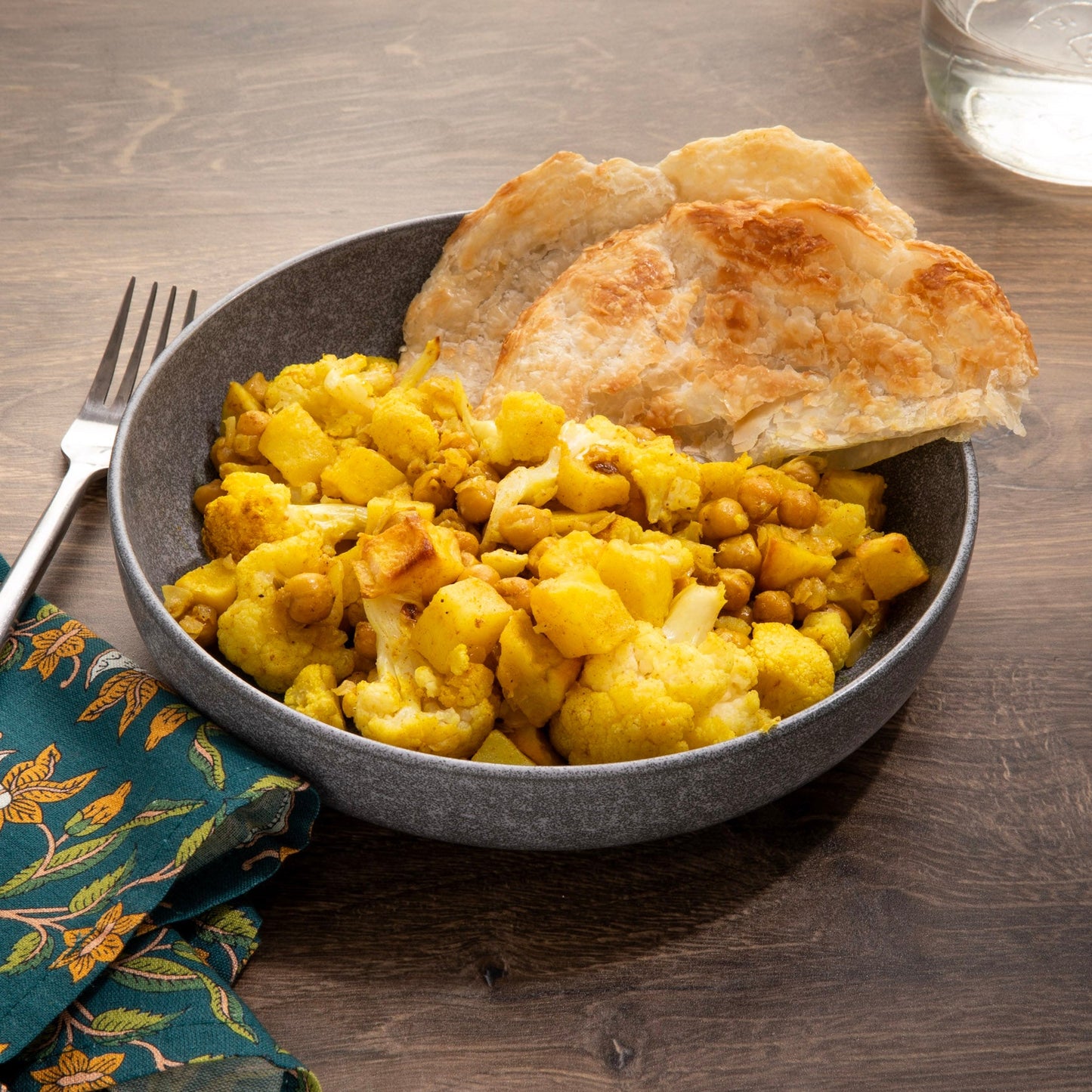 Curried Cauliflower with Chickpeas, Potatoes, & Roti Flatbread