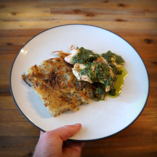 Grilled Lemon Chicken with Salsa Verde & Potato Roesti