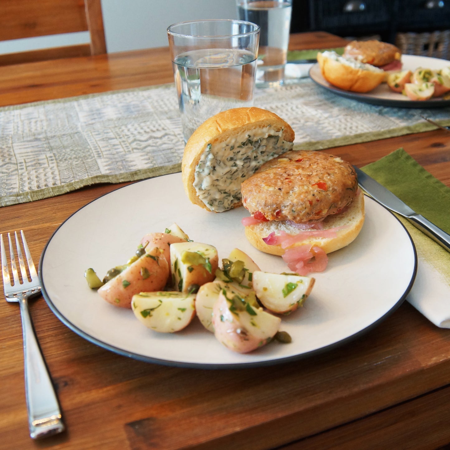 Turkey Burgers with Roasted Red Pepper, Feta & Dill